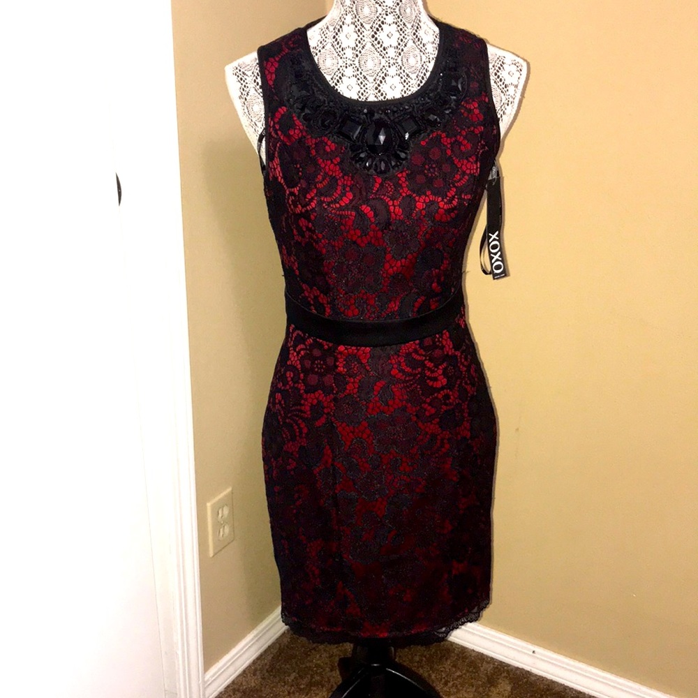 NWT XOXO Lace overlay jeweled neck dress - 7/8 $45